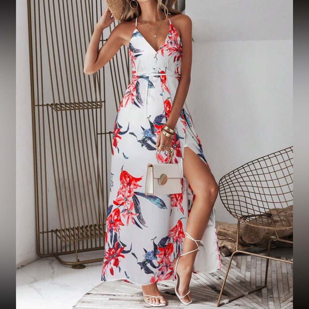 White floral backless wrap split thigh maxi dress